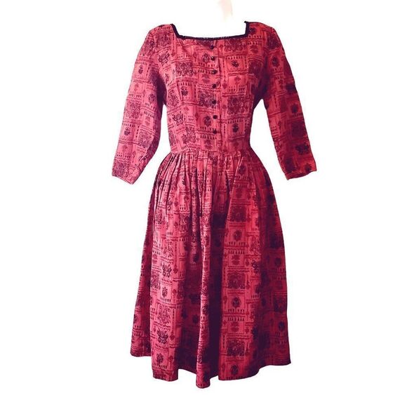 Vintage Dresses & Skirts - 50s Pink Red Dress S Taffeta Romantic Fit and Flare VFG